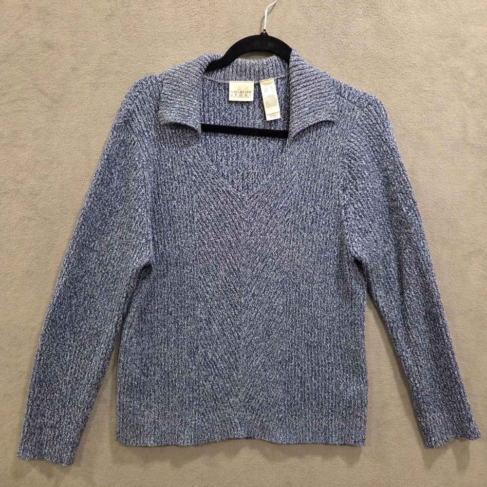 Villager Sport V-Neck Collared Sweater Womens XL Casual‎ Coastal Chunky Preppy